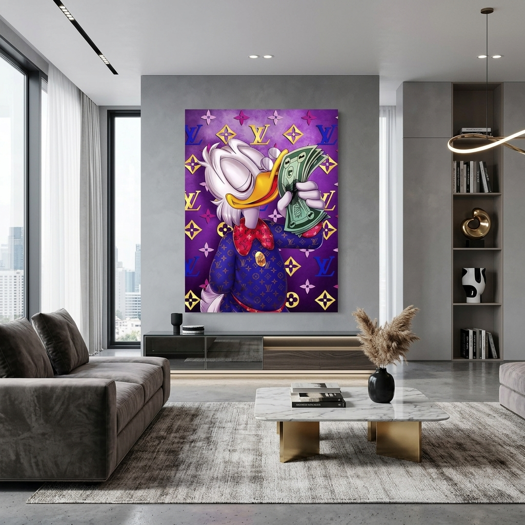 Inspirierender Leinwand-Kunstdruck „Scrooge mit einem Bündel Dollar auf violettem Hintergrund“ von Chanel