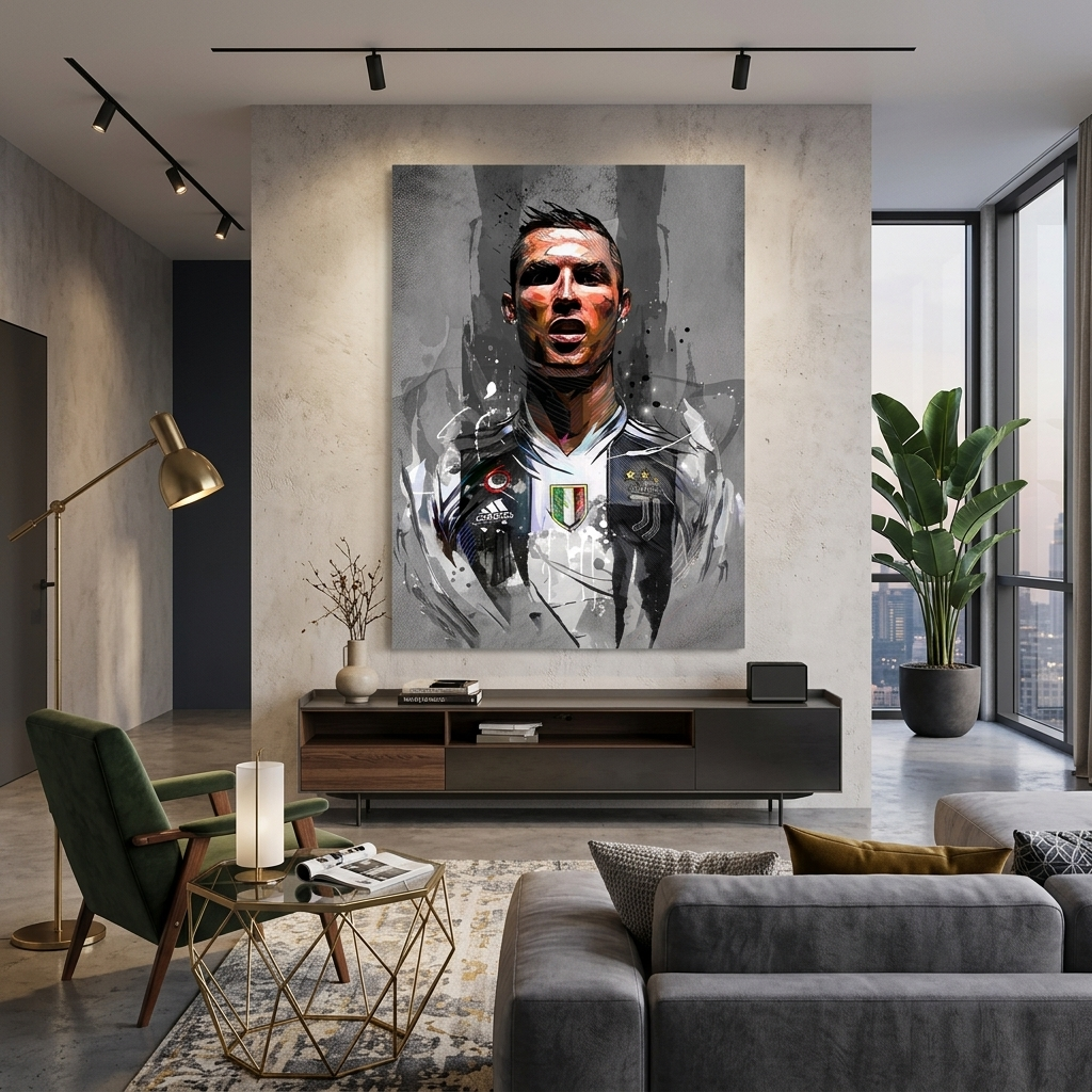 Kunstdruck auf Leinwand, Fußballer Cristiano Ronaldo auf grauem Hintergrund