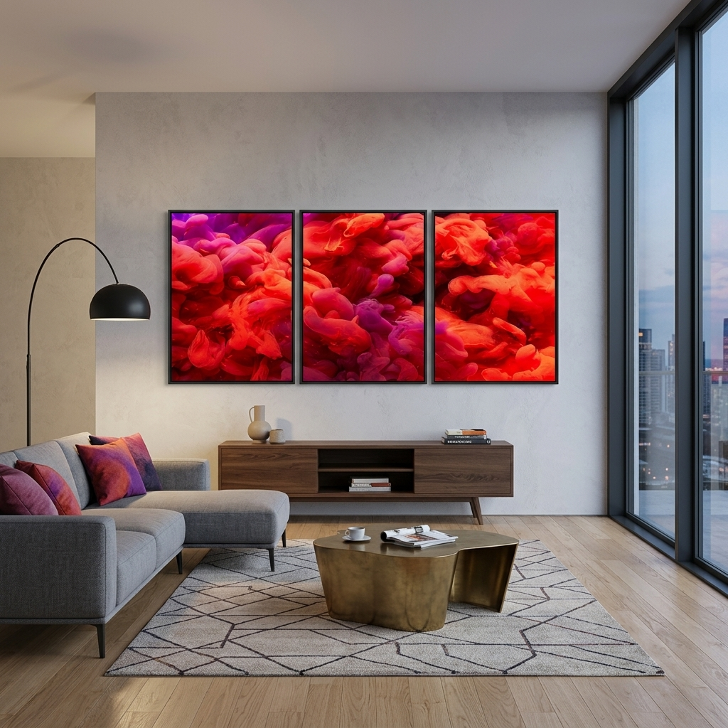Modularer, abstrakter roter Kunstdruck auf Leinwand, mehrere Teile