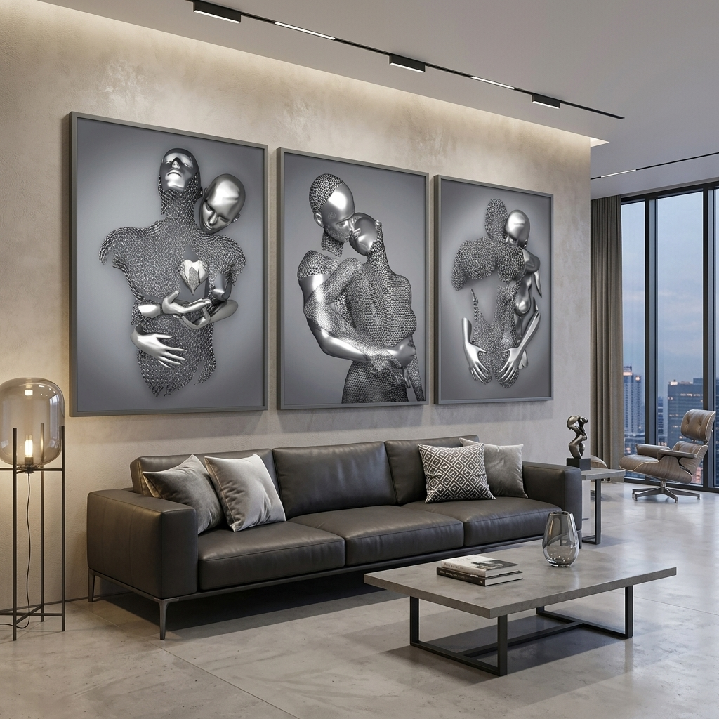 Modularer Kunstdruck auf Leinwand, Motiv: silberne Statuen, mehrere Teile, für das Schlafzimmer