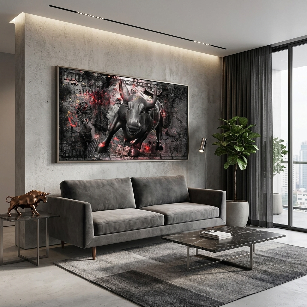 100 Dollar mit einem angreifenden Stier Inspirierender Kunstdruck auf Leinwand