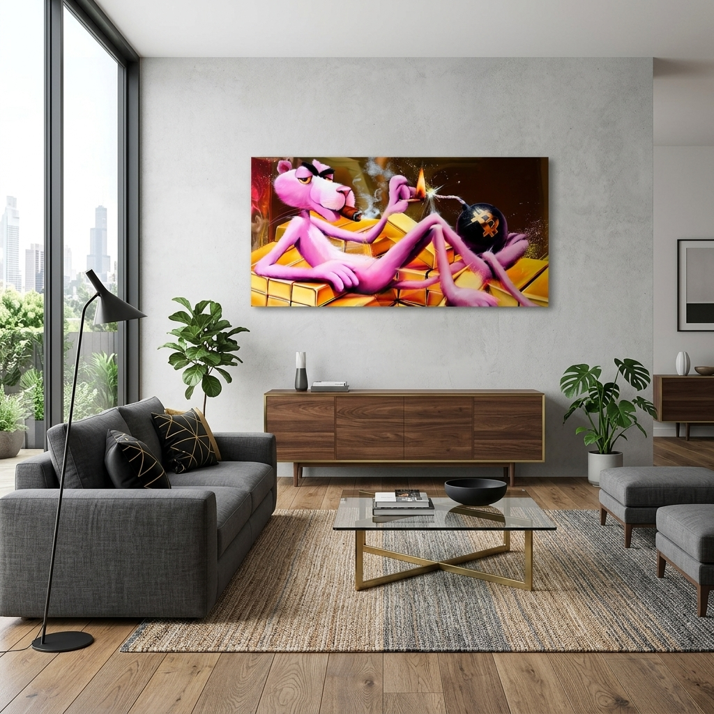 Pink Panther, Gold und Bitcoin Inspirierender Kunstdruck auf Leinwand
