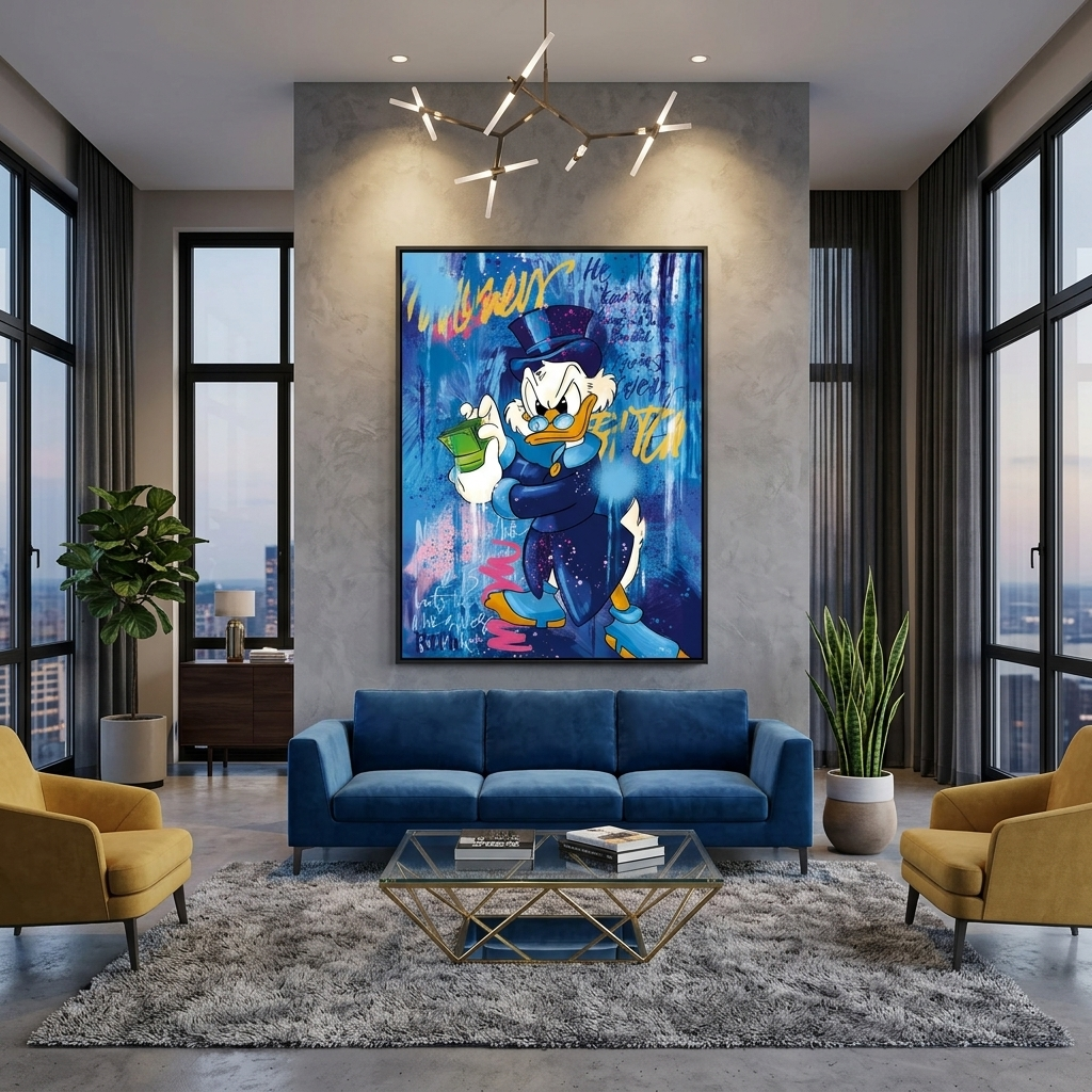 Scrooge mit einem Bündel Geld Inspirierender Kunstdruck auf Leinwand