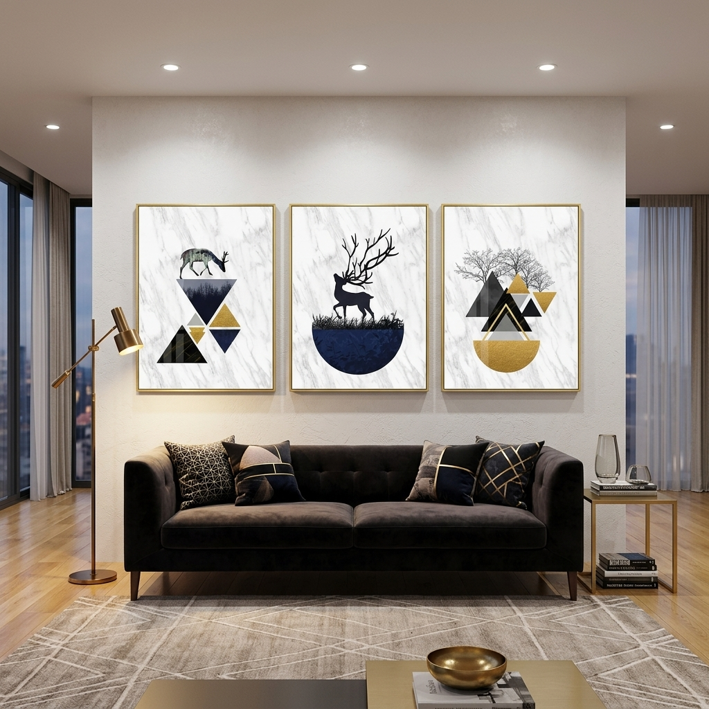 Mehrteiliger Kunstdruck auf Leinwand, Malerei auf Leinwand an der Wand, modular, Hirsch auf dem Hintergrund der geometrischen Abstraktion