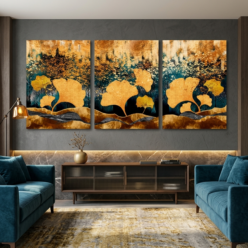 Modularer, abstrakter Kunstdruck auf Leinwand, mehrere Teile, Gelbgold