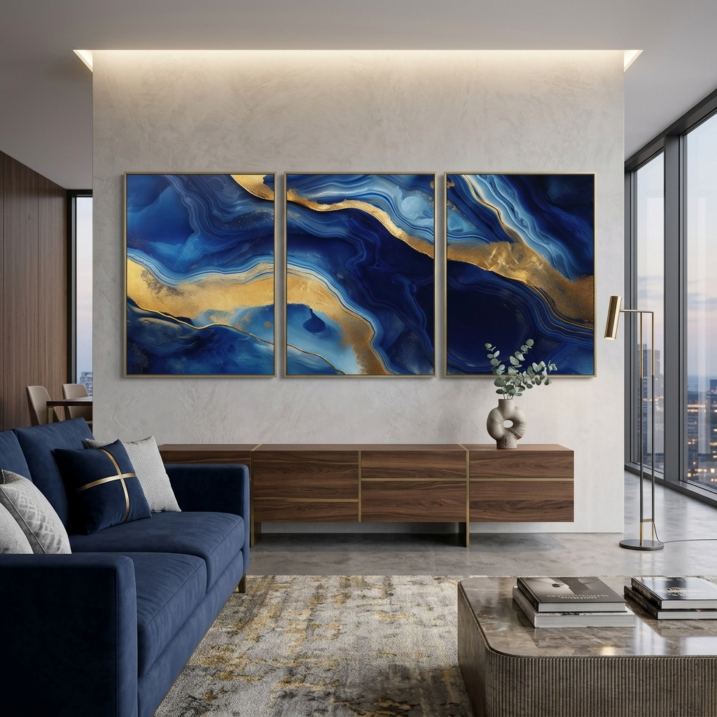 Kunstdruck auf Leinwand, mehrteilig, tiefblauer Marmor mit Gold