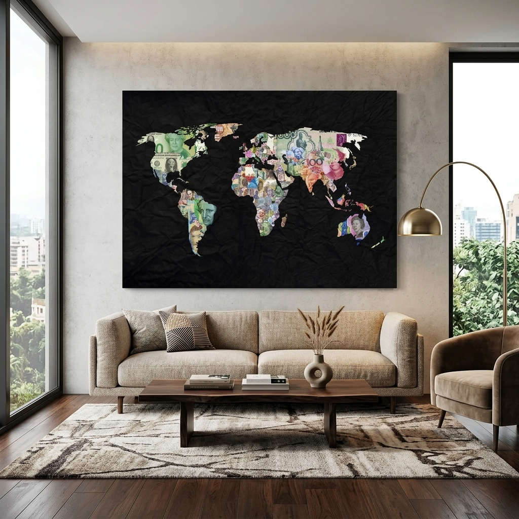 World map with money on black background Canvas Wall Art Print