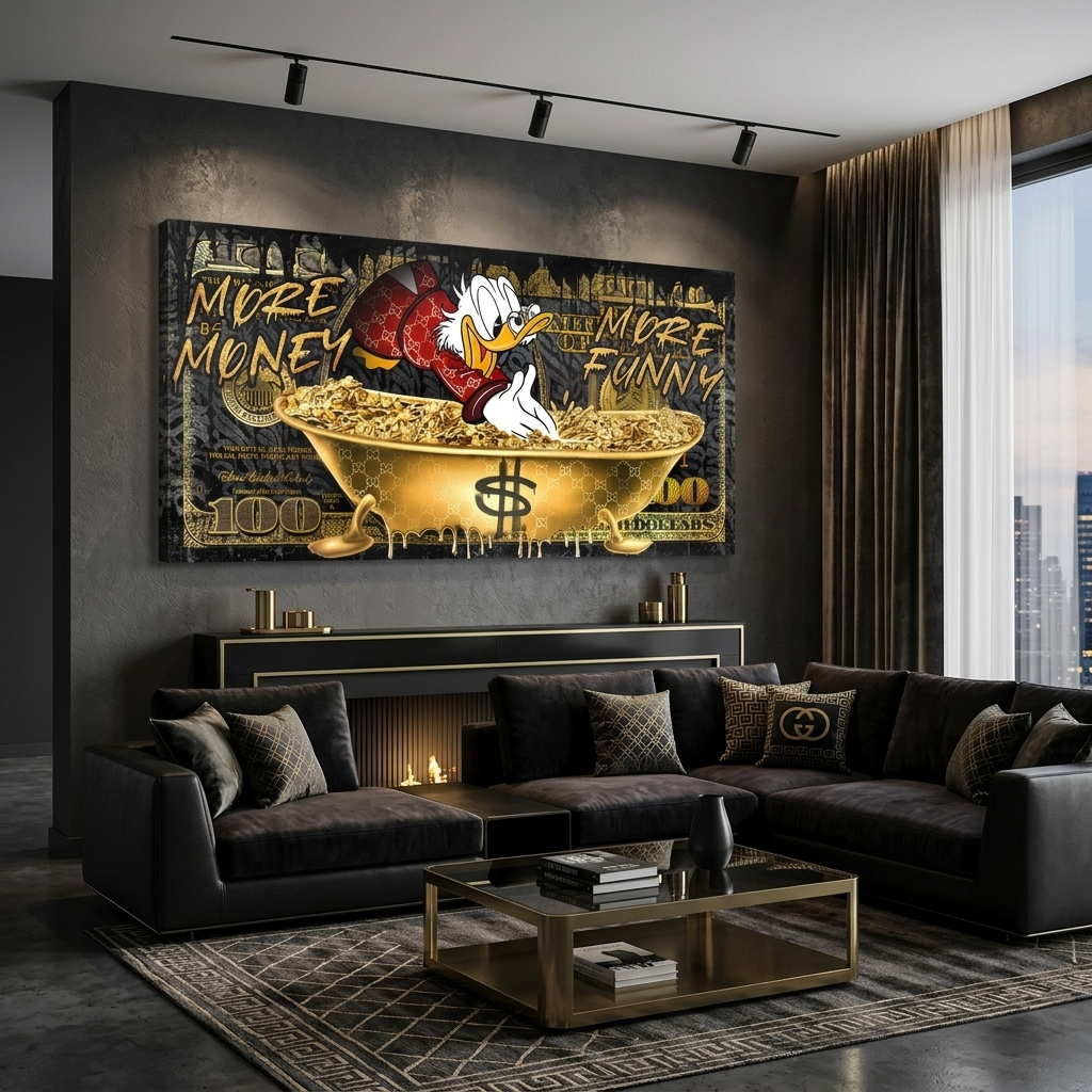 Scrooge in einer goldenen Badewanne Inspirierender Kunstdruck auf Leinwand