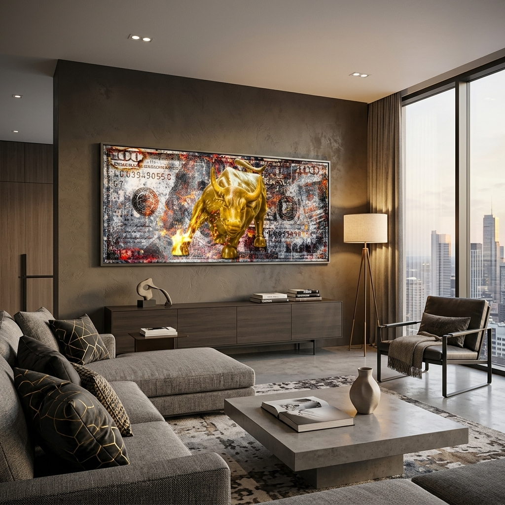 Ein goldener Bulle auf einem 100-Dollar-Schein. Inspirierender Kunstdruck auf Leinwand.