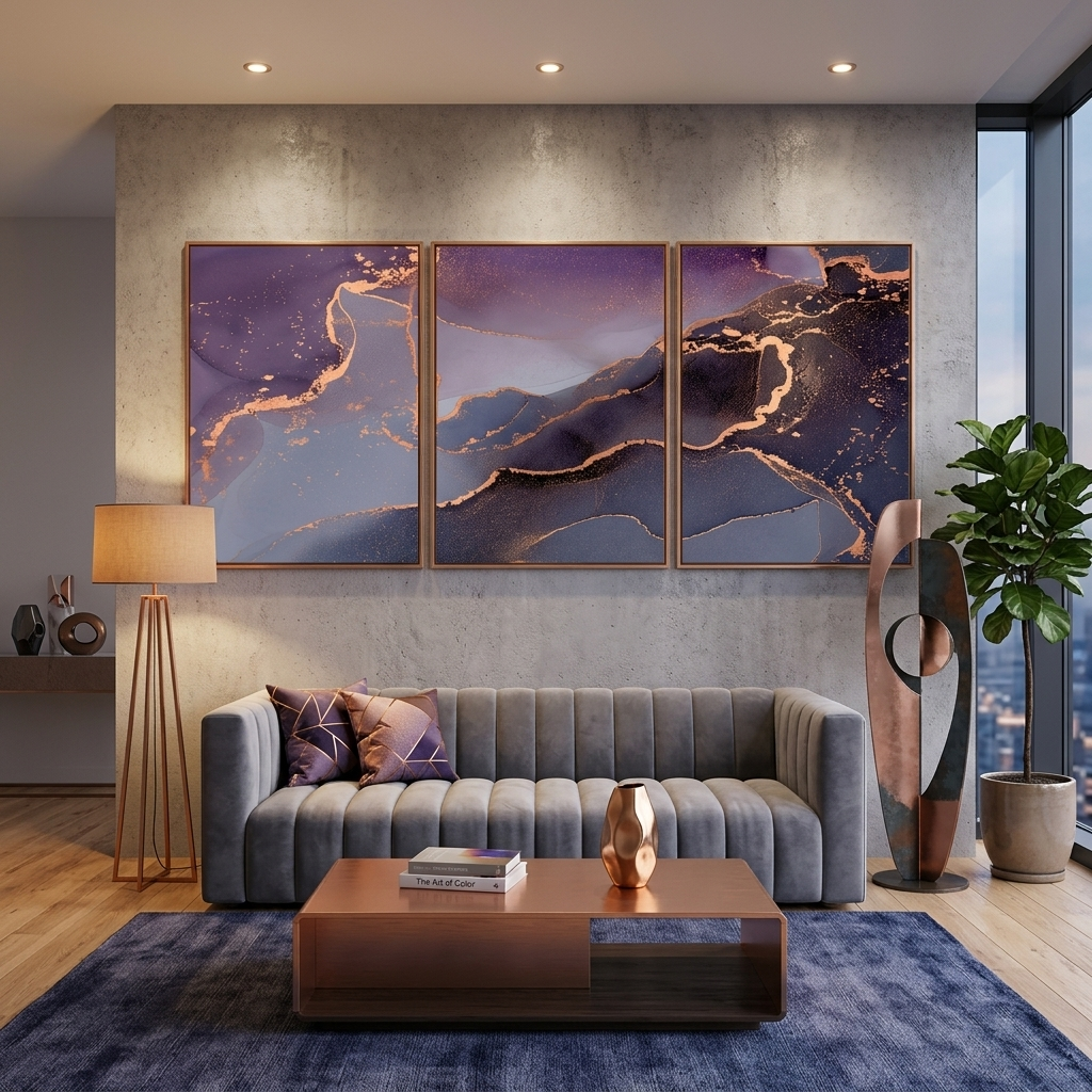 Modularer abstrakter Kunstdruck auf Leinwand, mehrteilig, Flieder-Gold