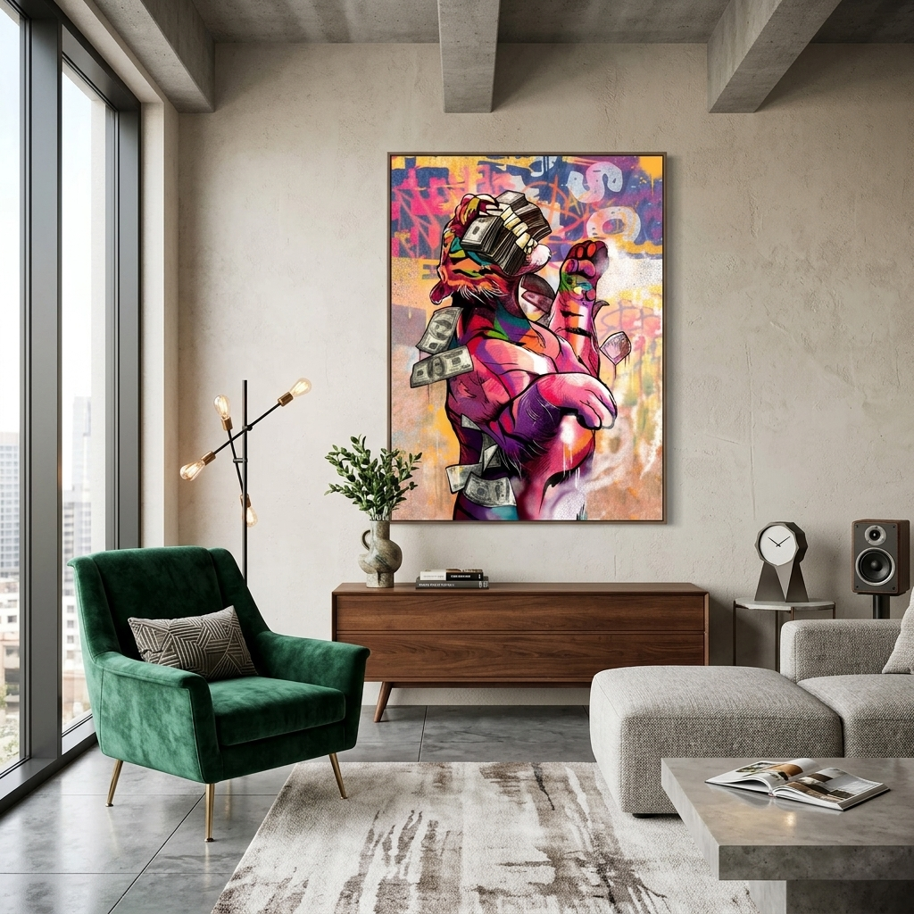 Der Tiger und das Geld – motivierender Kunstdruck auf Leinwand