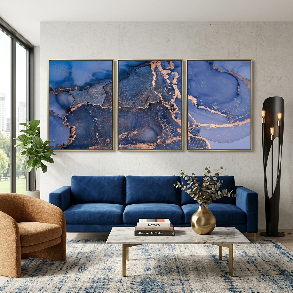 Modularer abstrakter mehrteiliger Kunstdruck auf Leinwand in Blau und Gold