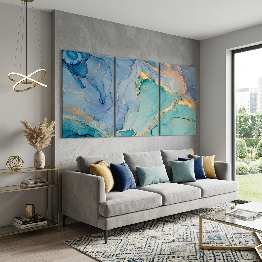 Modular blue and turquoise abstract Multi Panel Canvas Wall Art Print