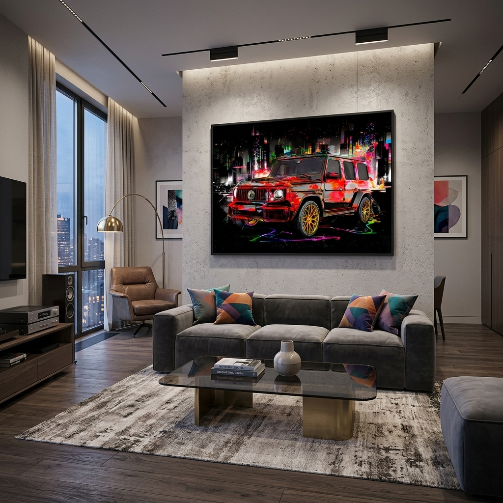 Leinwandbild, Mercedes G-Klasse, vor dem Hintergrund der nächtlichen Stadt