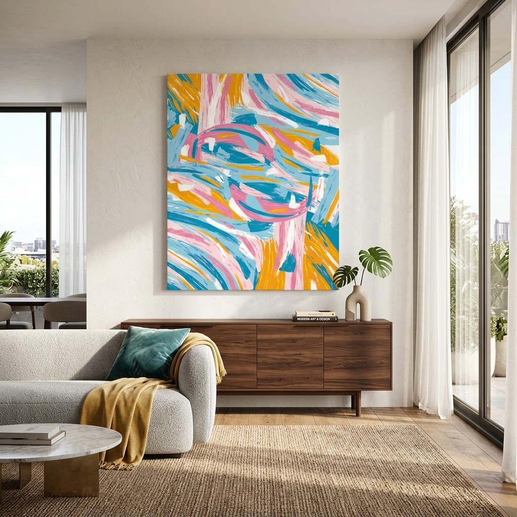Orange, rosa und blaue Farblinien-Abstraktion. Abstraktion auf Leinwand, Wand-Kunstdruck