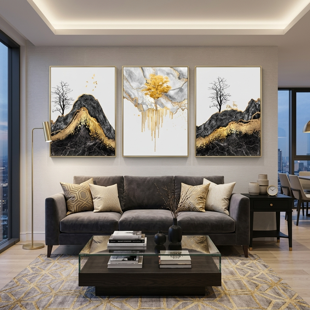 Modulares abstraktes Bild mit kräftiger goldener Farbe. Mehrteiliger Kunstdruck auf Leinwand.