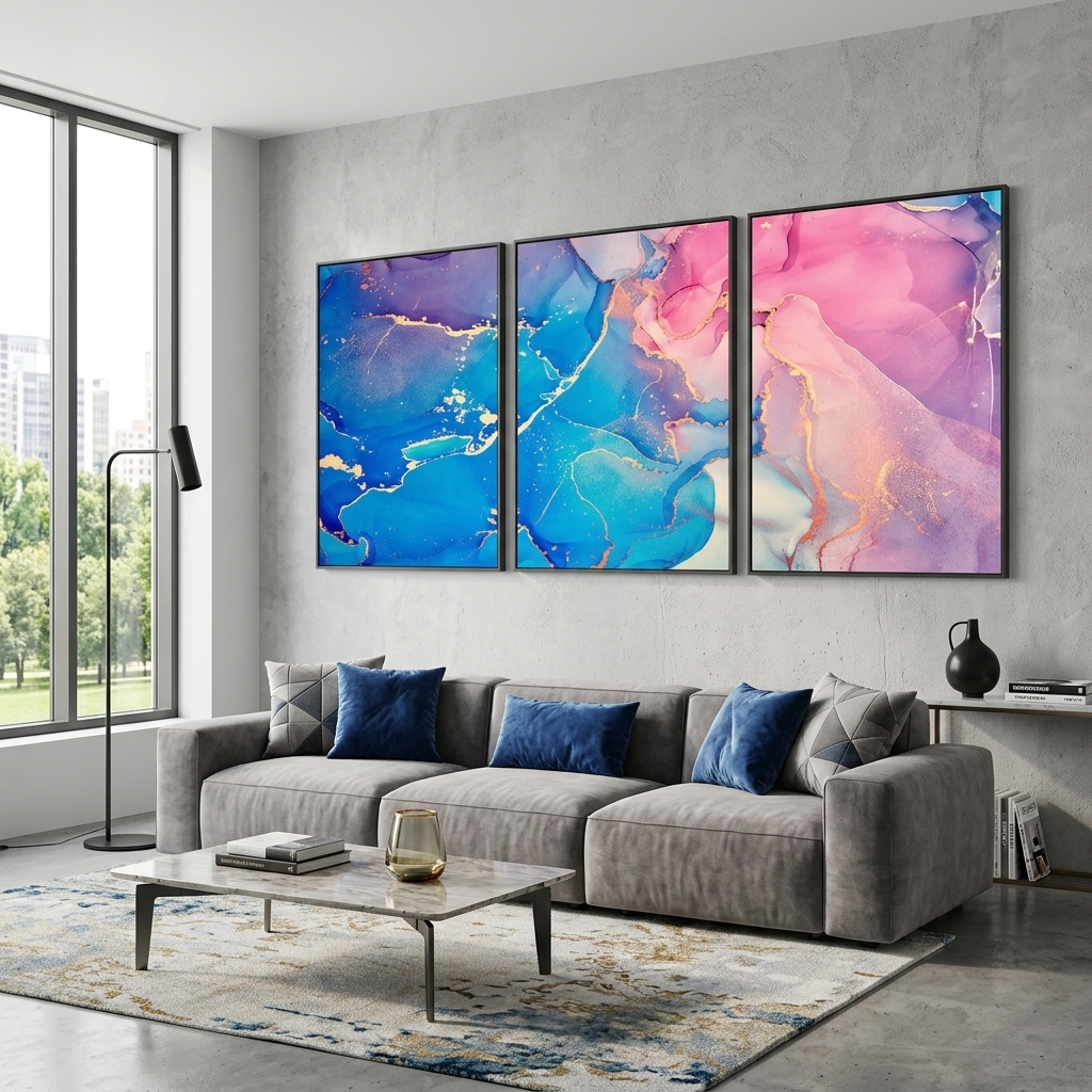 Modularer abstrakter Kunstdruck auf Leinwand, mehrteilig, Blau und Rosa