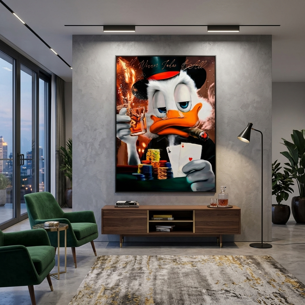 Scrooge. Der Gewinner bekommt alles. Inspirierender Kunstdruck auf Leinwand.