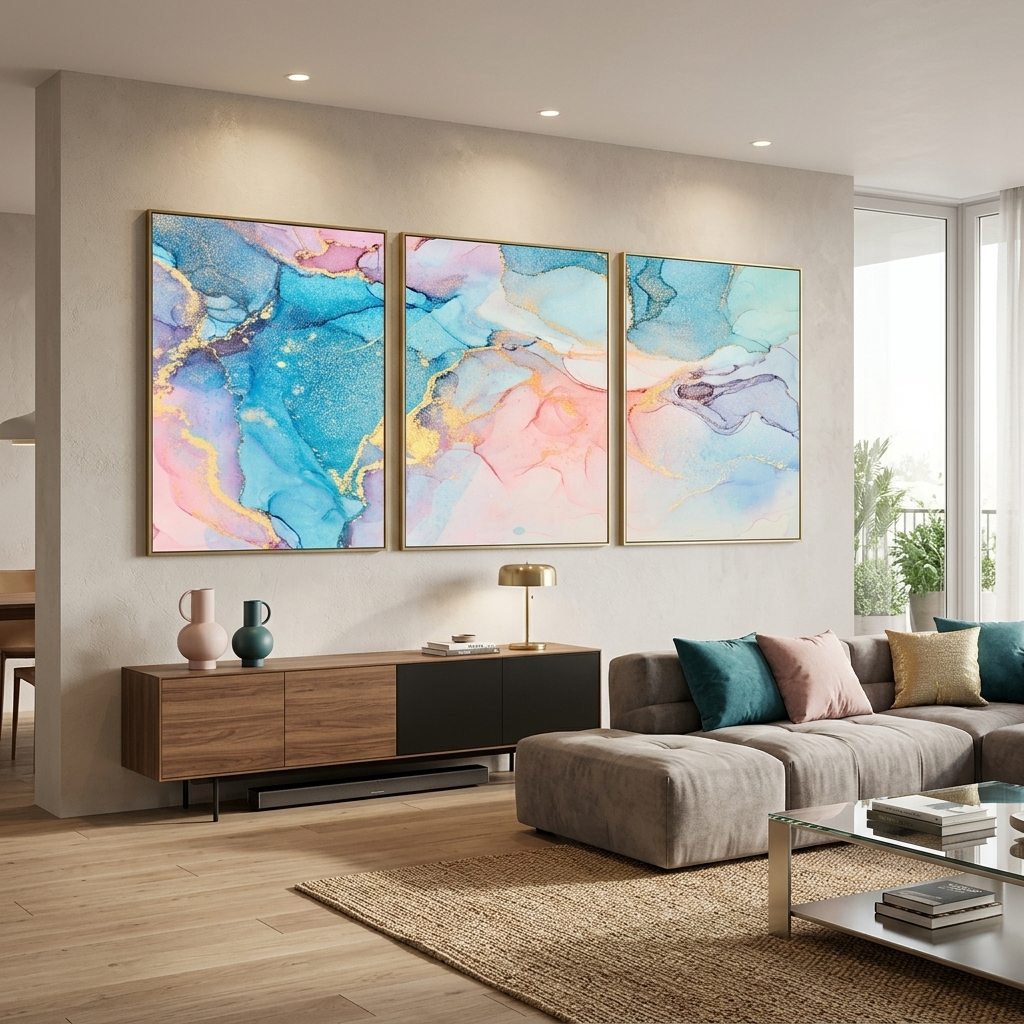 Modularer, pudriger, türkisfarbener, abstrakter, mehrteiliger Kunstdruck auf Leinwand