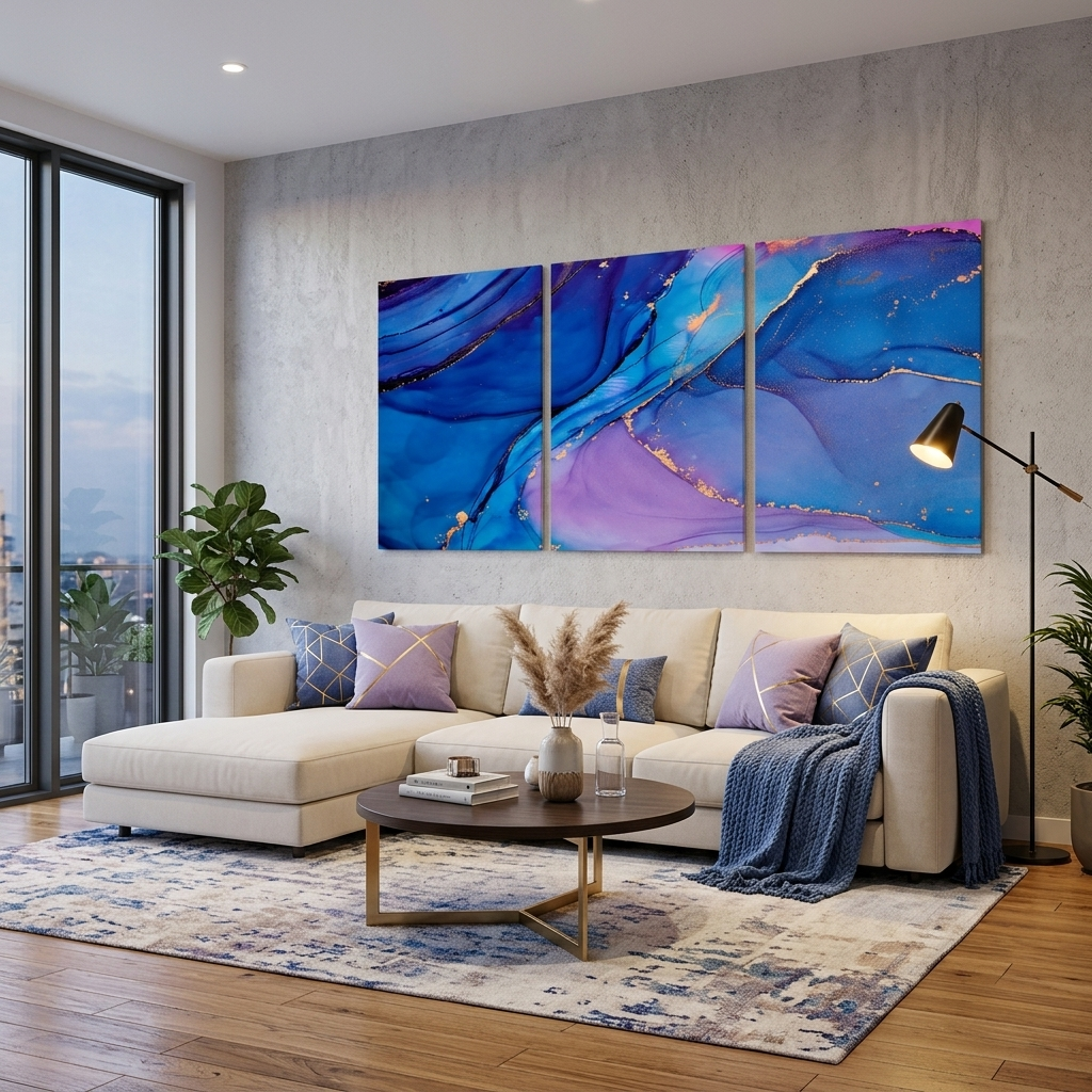 Modularer, abstrakter Kunstdruck auf Leinwand, mehrere Teile, Lavendelblau
