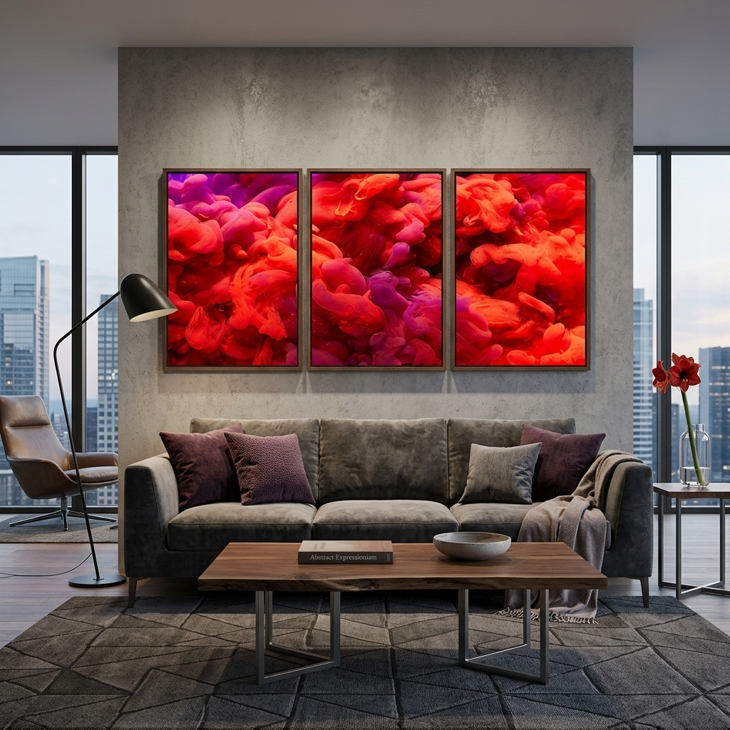 Modularer, abstrakter roter Kunstdruck auf Leinwand, mehrere Teile