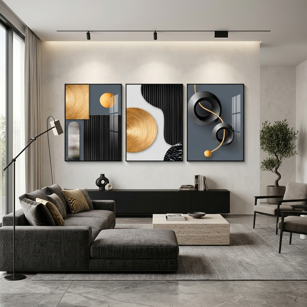 Modularer Kunstdruck auf Leinwand, grau-goldene Figuren mit schwarzen Elementen, mehrere Teile