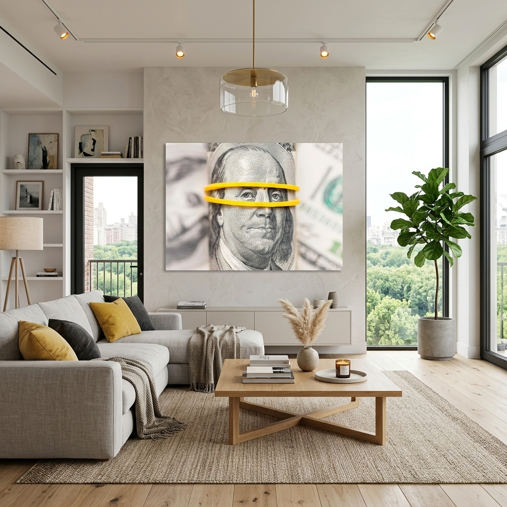 Franklin on a blurry background of dollars Inspirational Canvas Wall Art Print