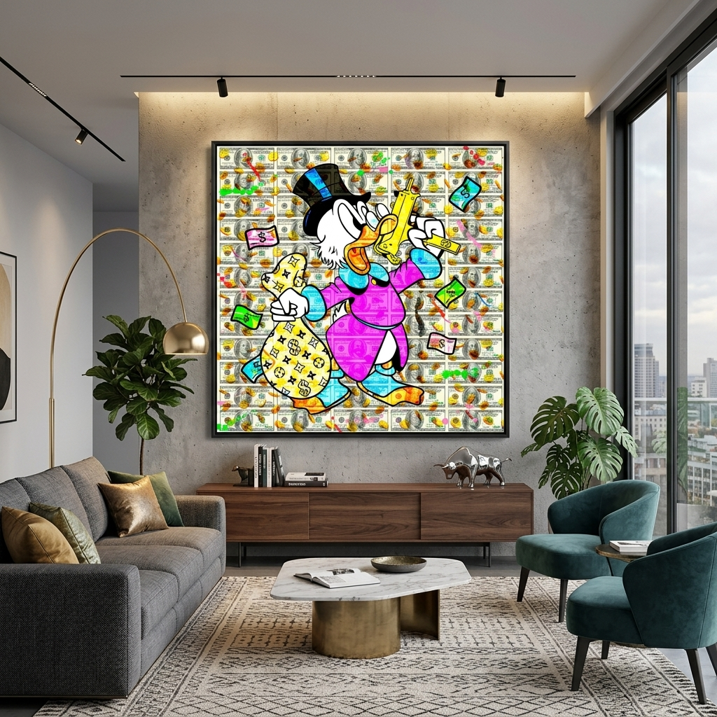 Dagobert Duck mit einem Sack voll Geld und einer Pistole – Inspirierender Kunstdruck auf Leinwand