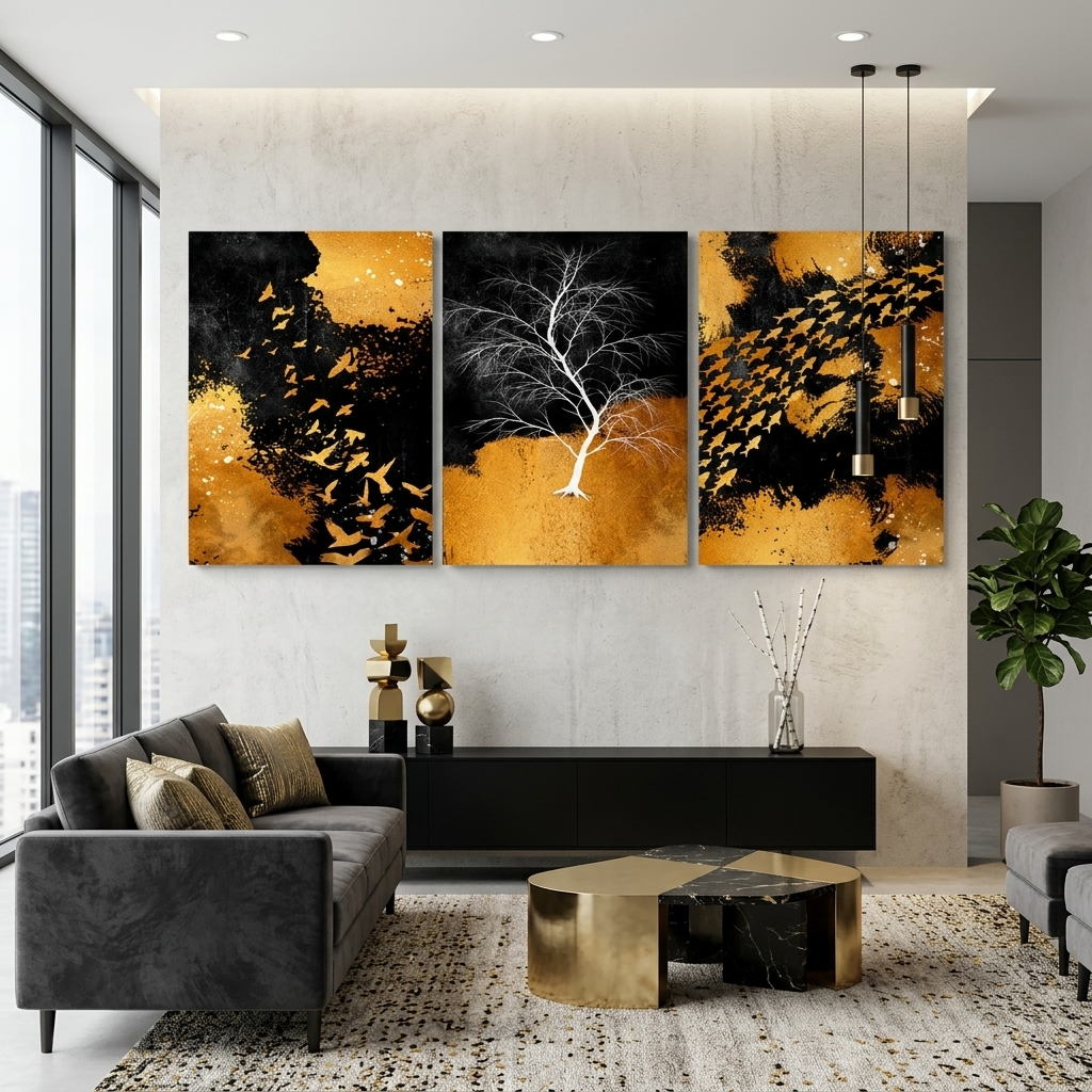 Modulare Abstraktion in den Farben Schwarz, Gold und Weiß. Mehrteiliger Kunstdruck auf Leinwand.