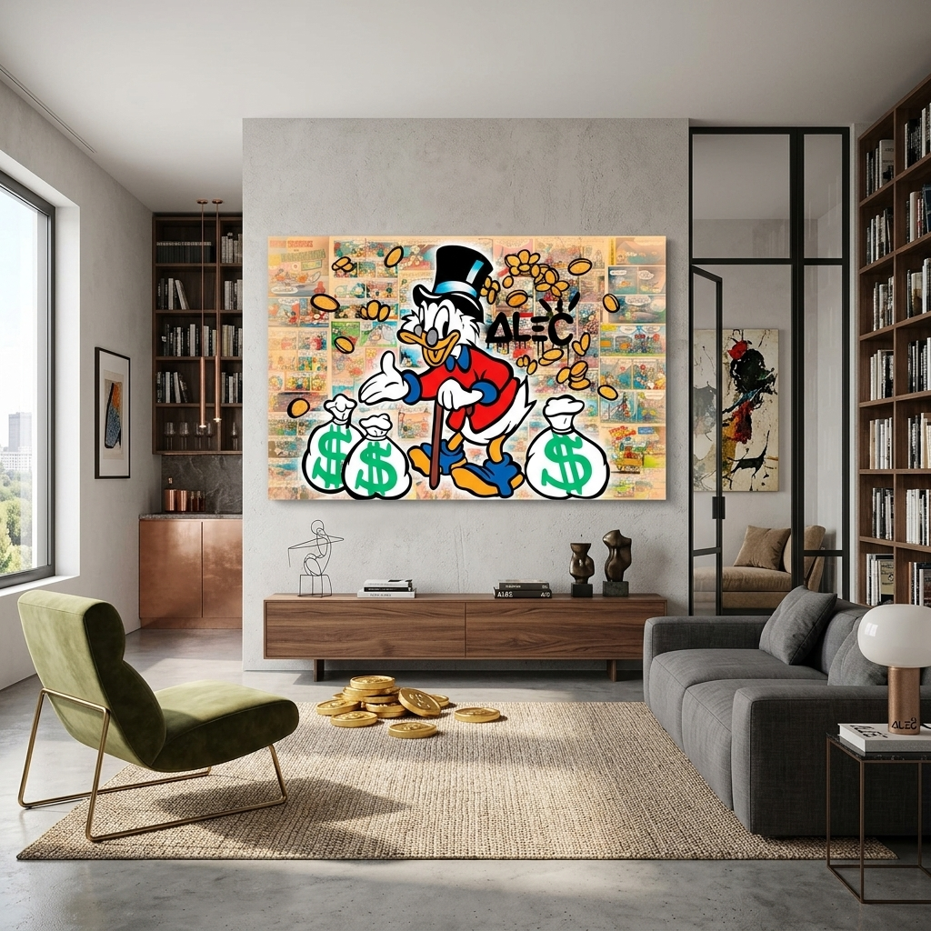 Dagobert Duck mit drei weißen Säcken voll Gold auf einem Comic-Hintergrund. Inspirierender Kunstdruck auf Leinwand.