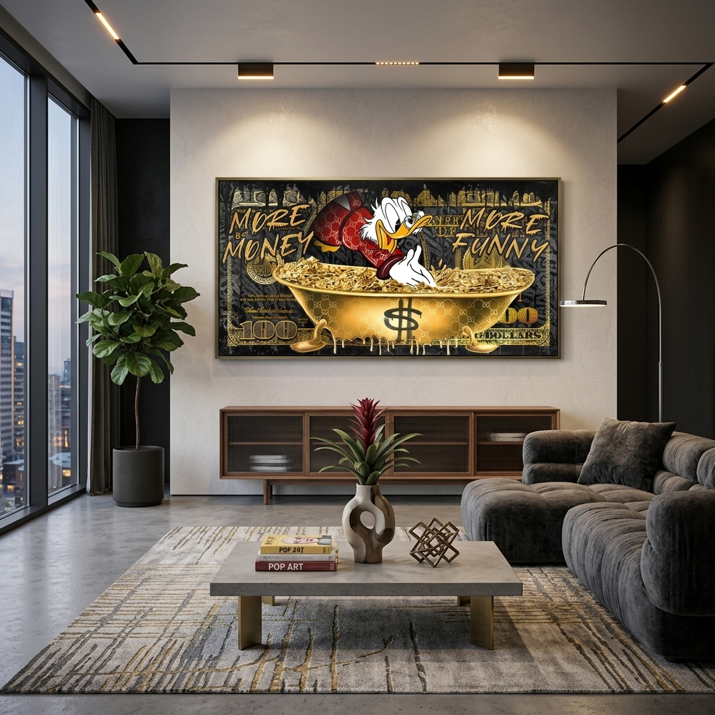 Scrooge in einer goldenen Badewanne Inspirierender Kunstdruck auf Leinwand