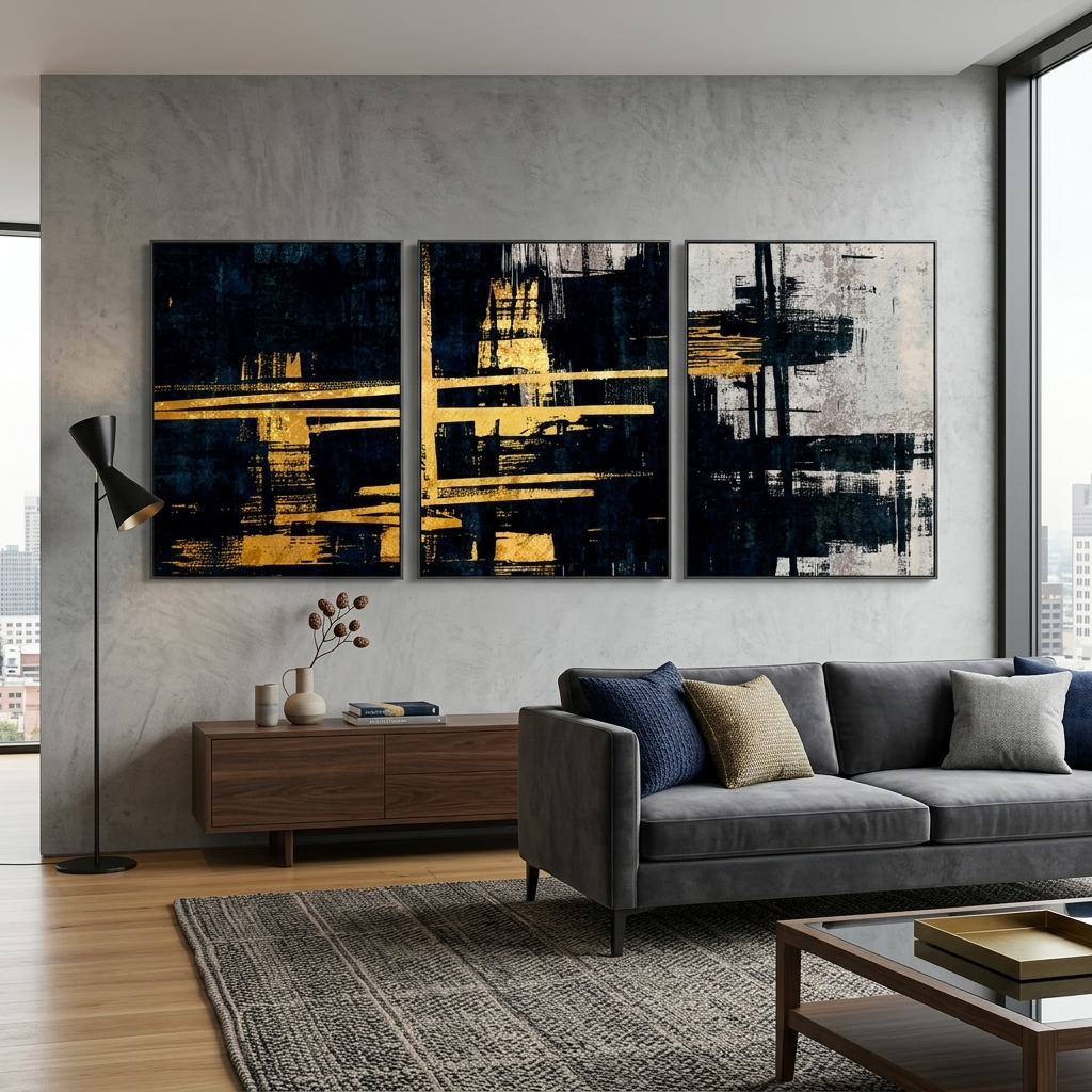 Modularer Kunstdruck auf Leinwand, abstrakt in Gold und Blau mit Grautönen, mehrere Teile
