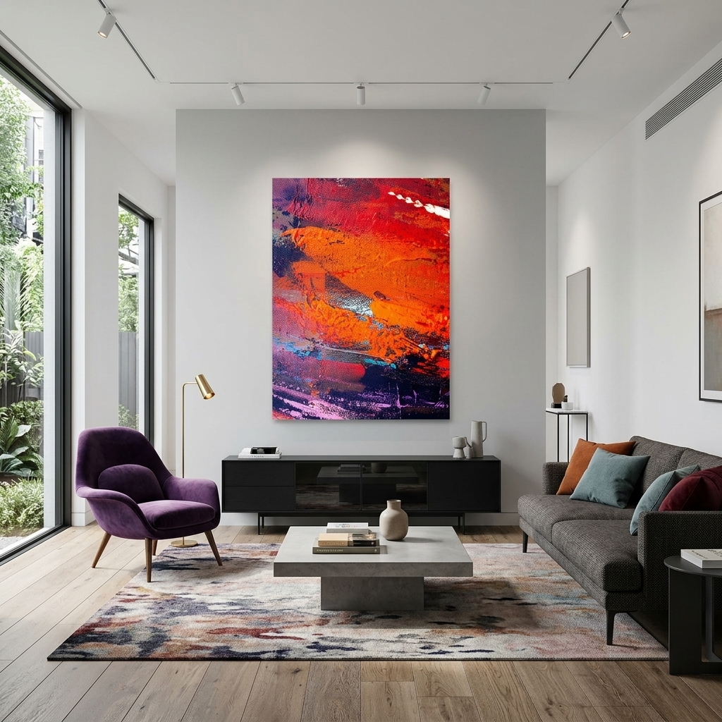 Vertikale abstrakte in rot-orange-lila Farben Abstraktion Leinwand Wand Kunstdruck