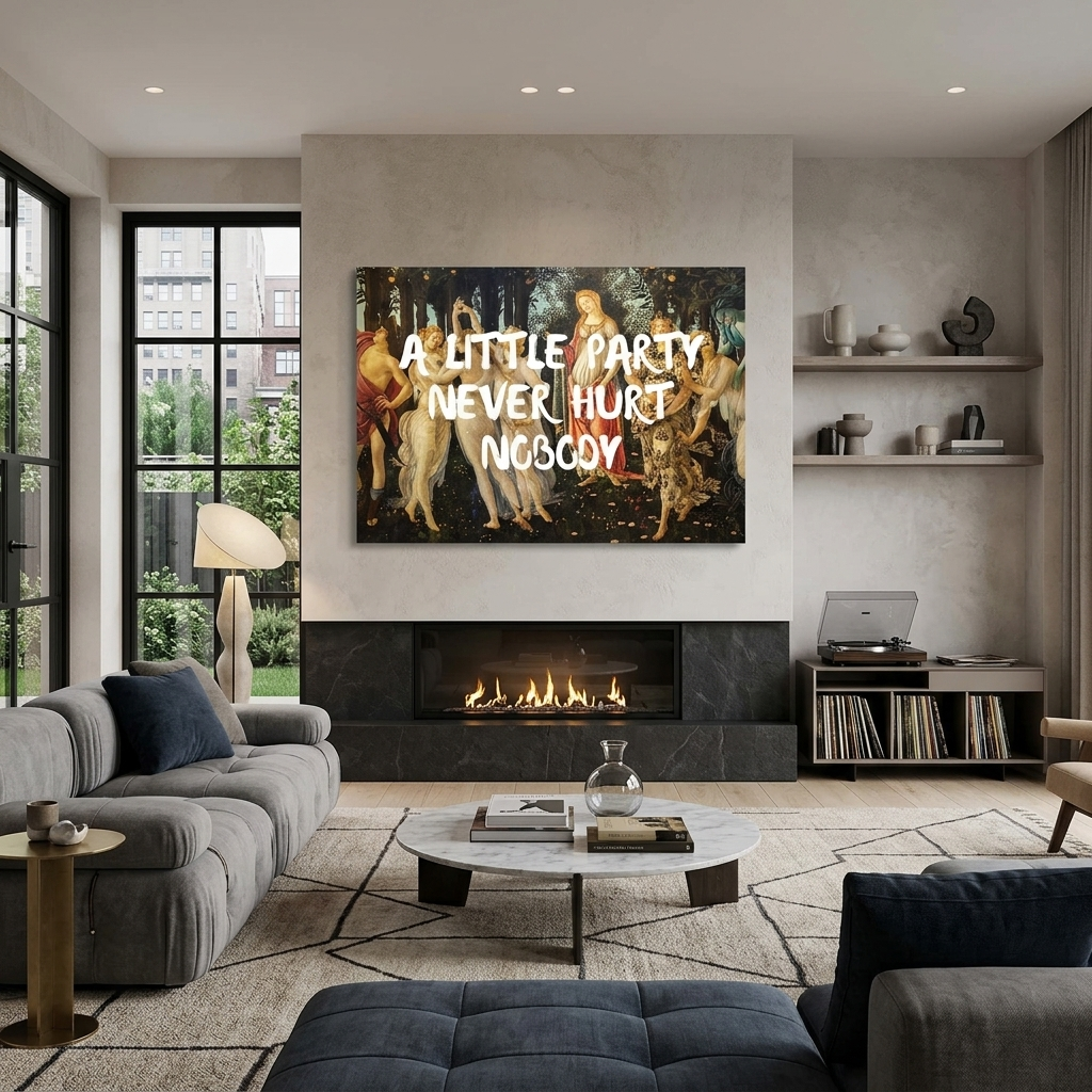 Kunstdruck auf Leinwand, „Eine kleine Party hat noch nie jemandem geschadet“.