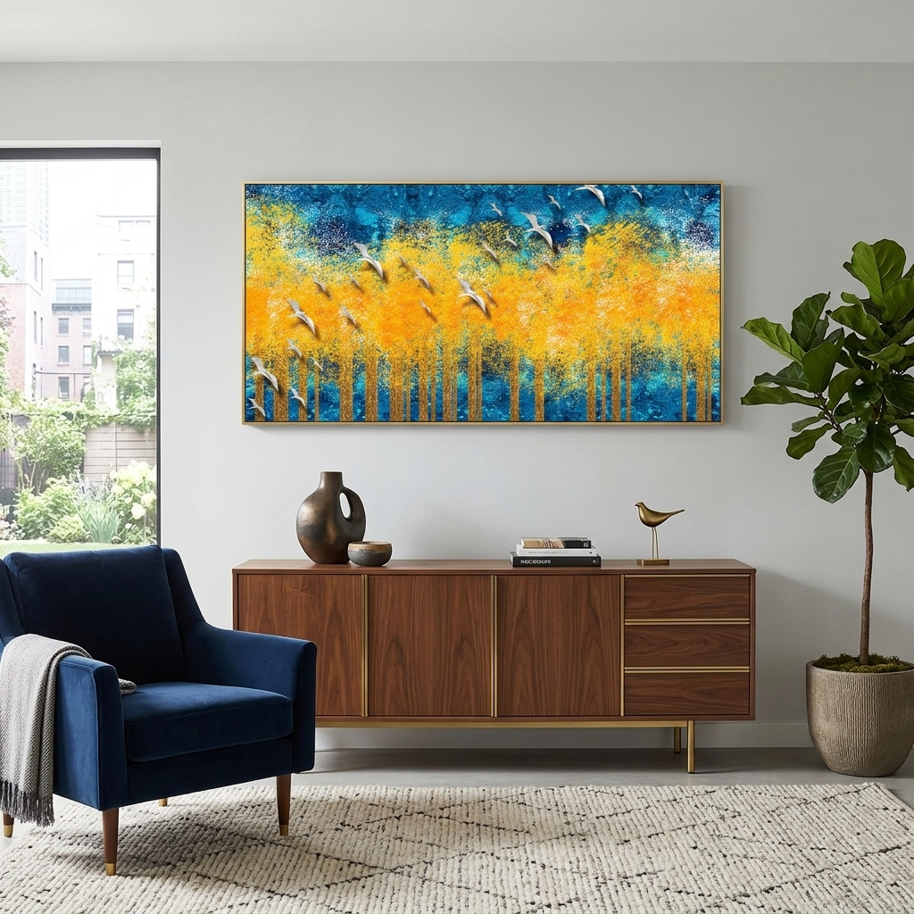 Kunstdruck auf Leinwand, gelb, Bäume auf blauem Hintergrund mit weißen Vögeln