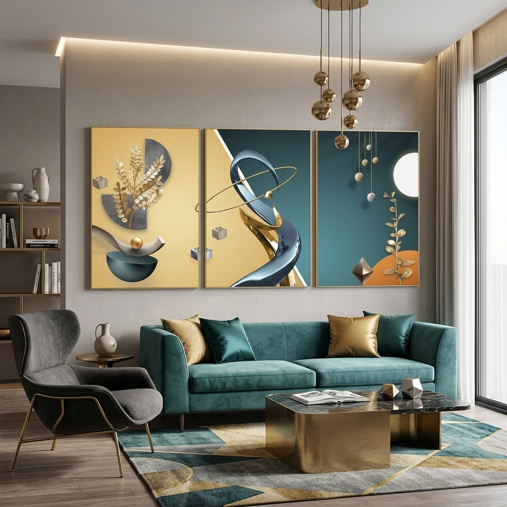 Mehrteiliger Kunstdruck auf Leinwand, Blau-Gold-Abstraktion