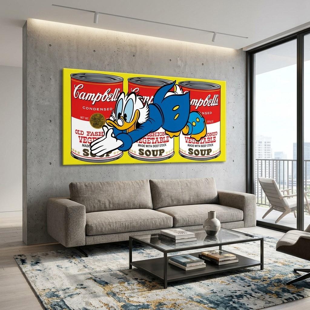 Scrooge vor einem Hintergrund aus drei Blechdosen und gelber Farbe. Inspirierender Kunstdruck auf Leinwand.