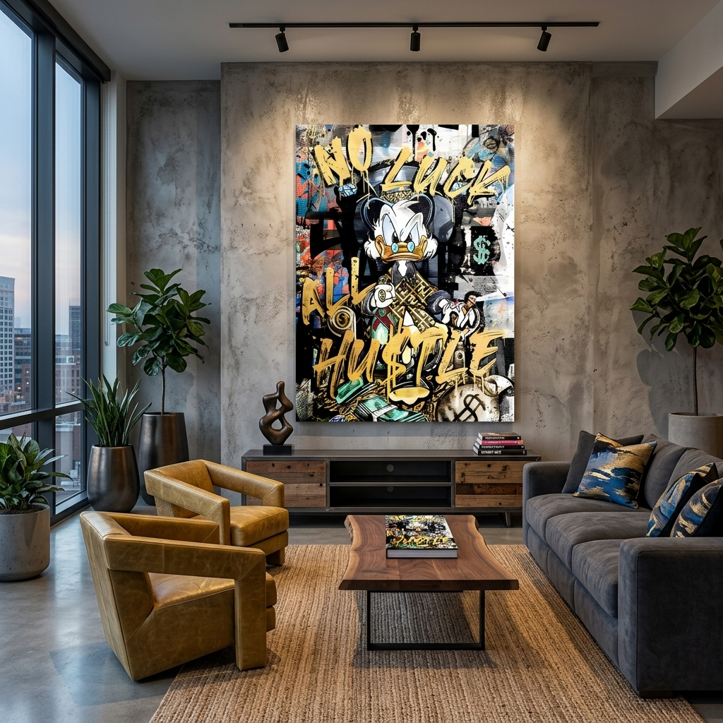 Scrooge mit gelbem Schriftzug, inspirierender Kunstdruck auf Leinwand