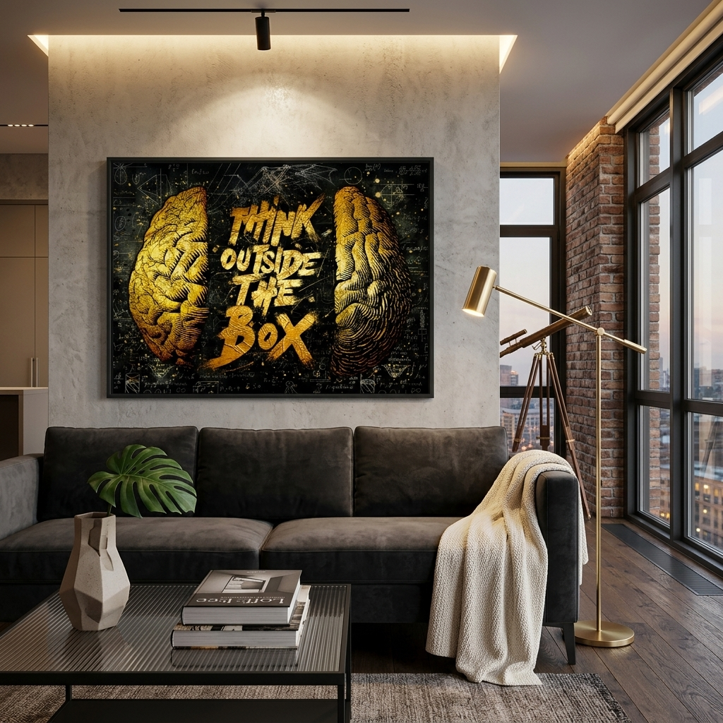 „Think outside the box“ – Schwarz-Gelb – Motivierender Kunstdruck auf Leinwand