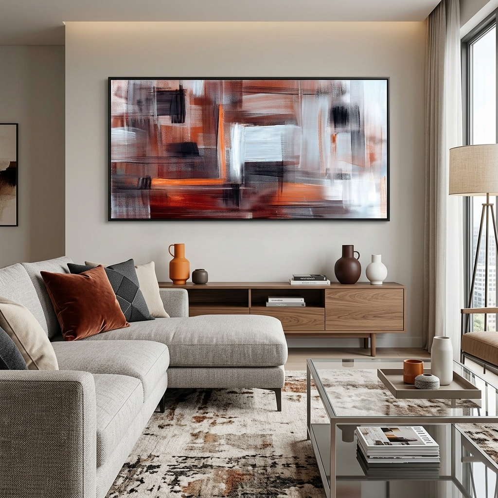 Kunstdruck auf Leinwand, Motiv: Abstraktion, Weiß, Orange, Braun und Schwarz