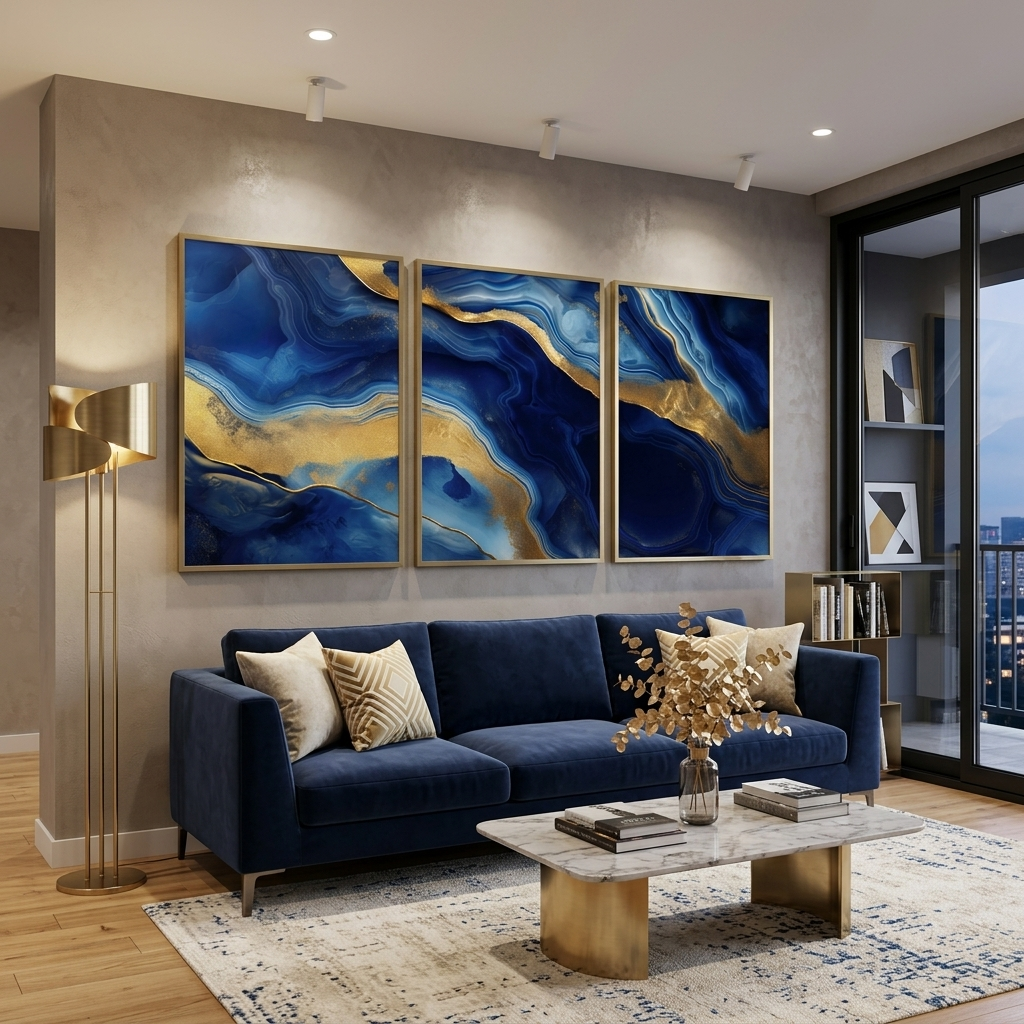 Kunstdruck auf Leinwand, mehrteilig, tiefblauer Marmor mit Gold