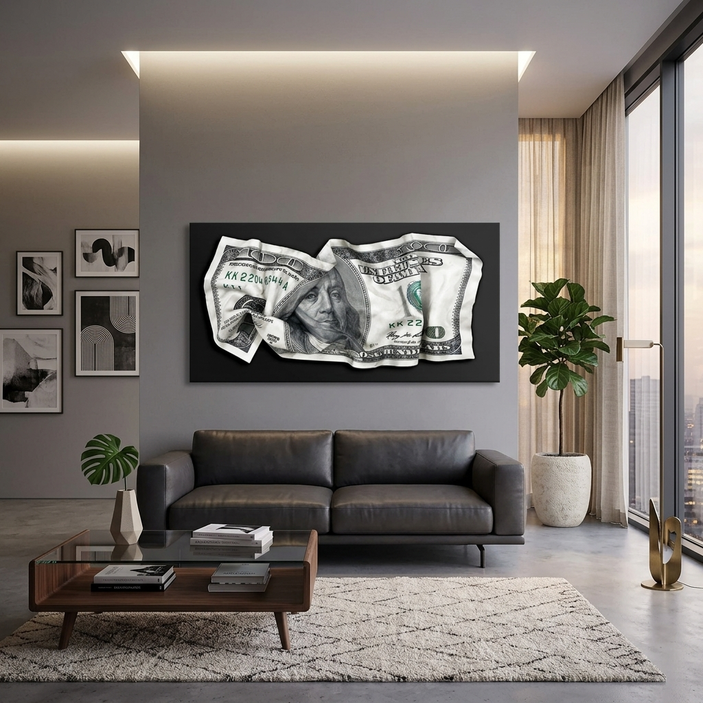 Ein zerknitterter 100-Dollar-Schein. Inspirierender Kunstdruck auf Leinwand.