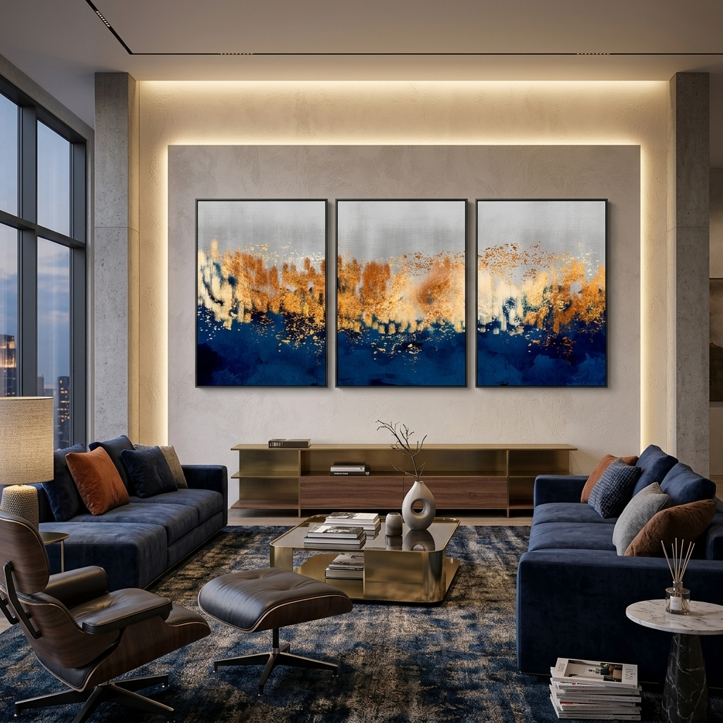 Modularer, grau-goldener abstrakter Kunstdruck mit blauen Elementen, mehrere Teile auf Leinwand