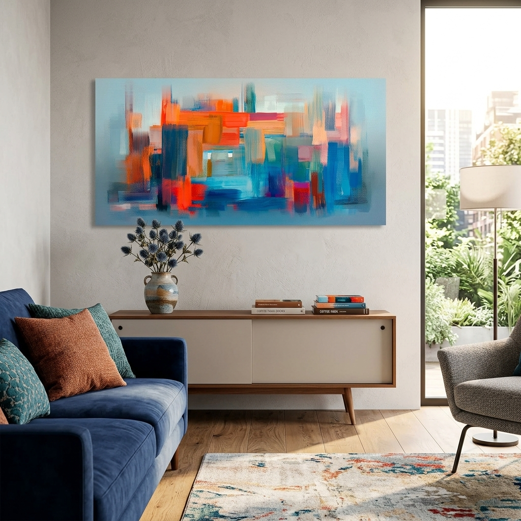 Rotes Abstrakt mit einer kräftigen blauen Farbe Abstraktion Leinwand Wand Kunstdruck