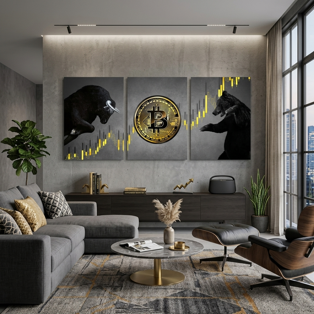 Motivations modular 3-piece Bitcoin bull and bear on gray background Multi Panel Canvas Wall Art Print