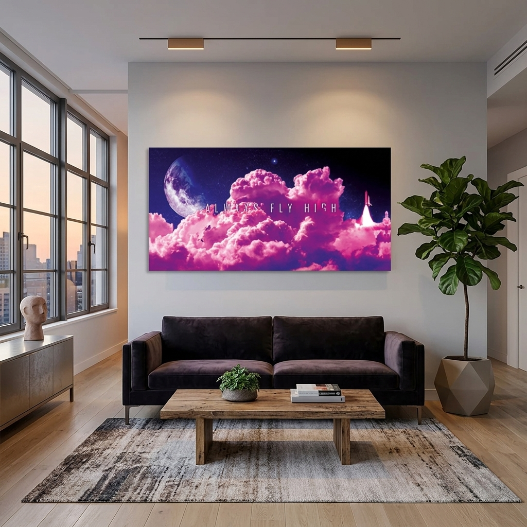 Rosa Wolken auf dem Hintergrund des Monats mit der Aufschrift „Motivationaler Leinwand-Kunstdruck“