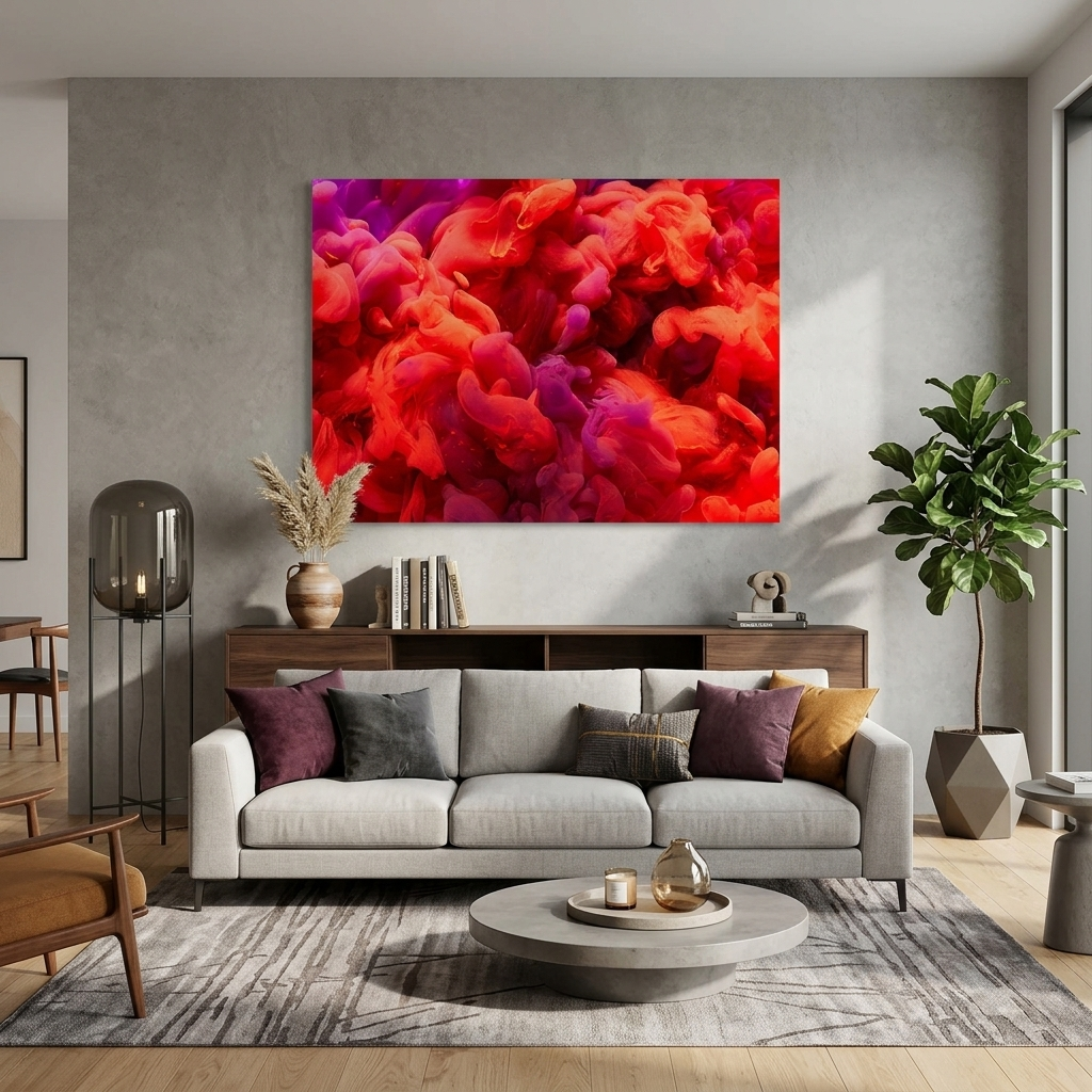 Kunstdruck auf Leinwand, rot und violett, Rauch