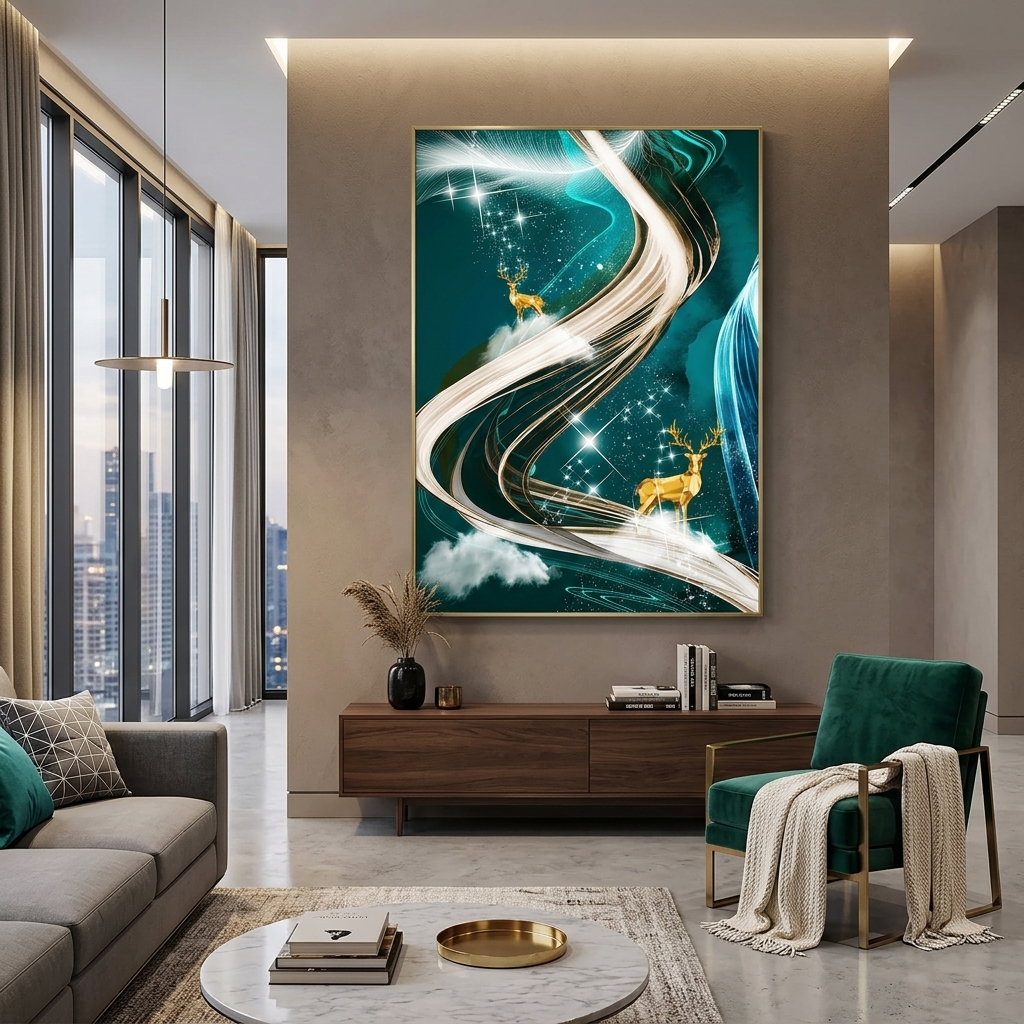 Zwei goldene Hirsche vor einem grünen Hintergrund Abstraktion Leinwand Wand Kunstdruck