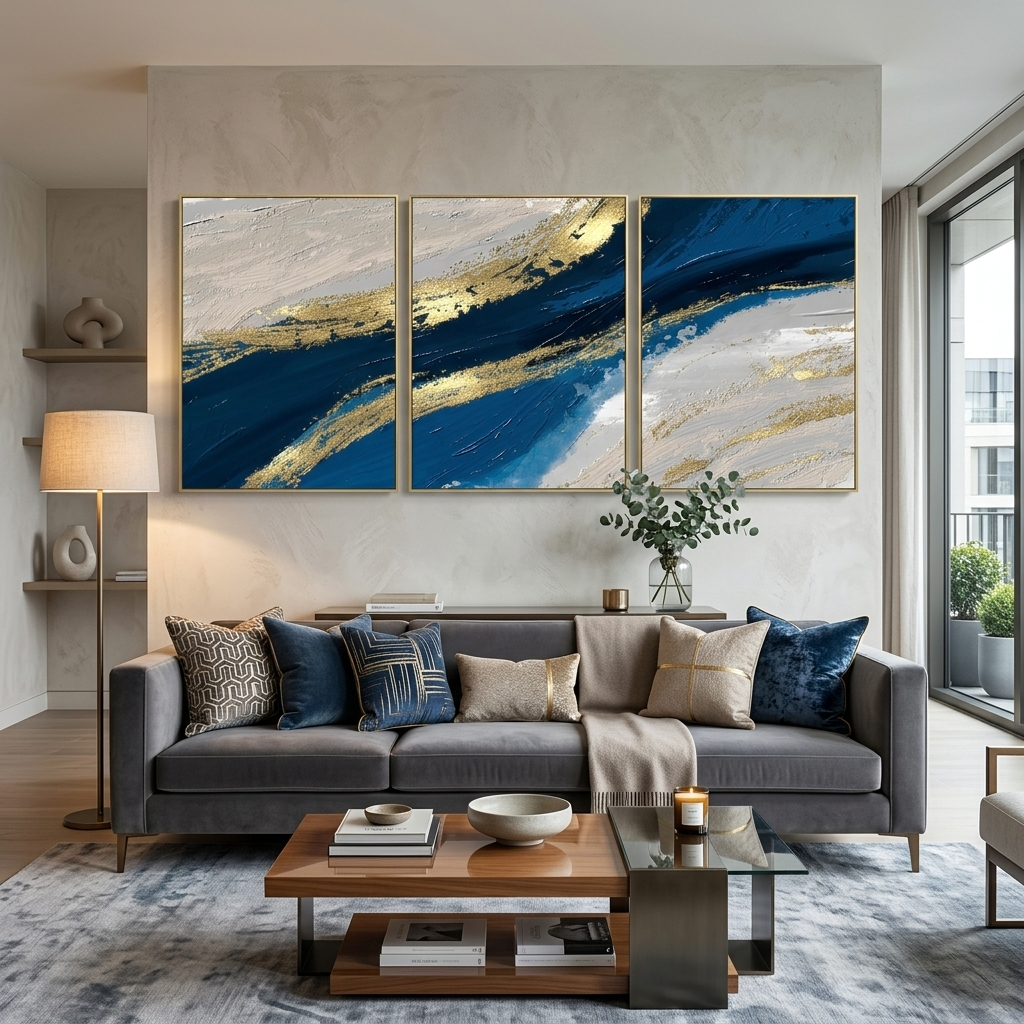 Modularer blau-grauer abstrakter Kunstdruck mit goldenen Elementen, mehrere Teile auf Leinwand