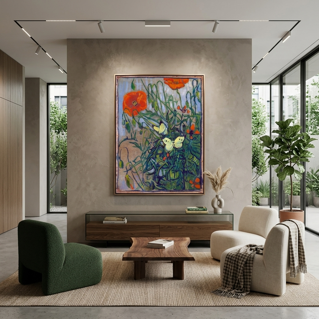 Reproduktion „Schmetterlinge und Mohnblumen“ von Vincent Van Gogh, Reproduktion auf Leinwand, Wand-Kunstdruck